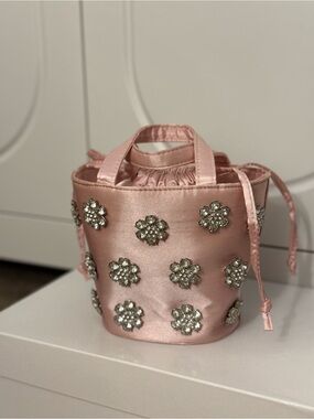 Anthropologie Pink Satin Mini Bejeweled Bucket Bag